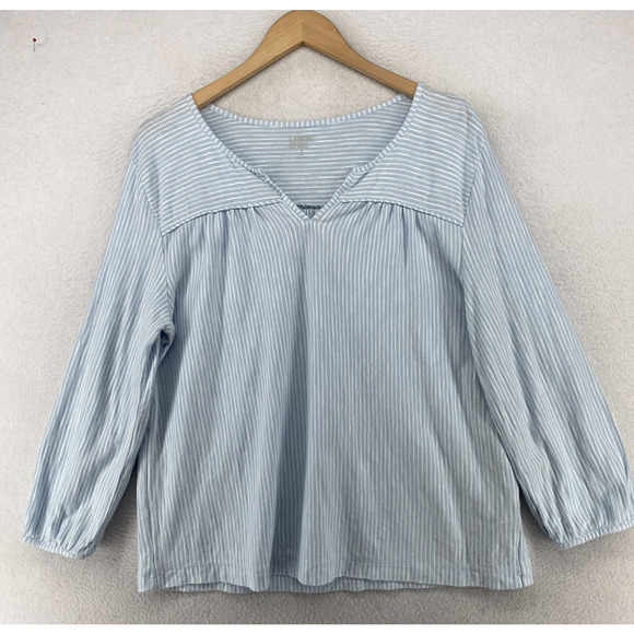 LANDS END Top Womens M 10 12 Peasant Striped Split Neck Long Sleeve Cotton Blue - Picture 1 of 10